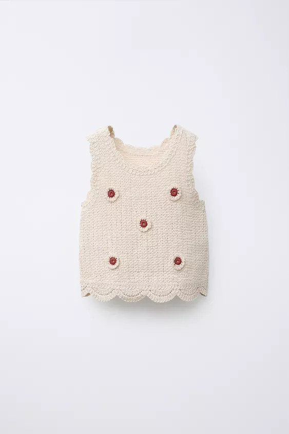 Crochet knit top with a round neck and sleeveless design. Embroidered floral detail on the front. | Zara US