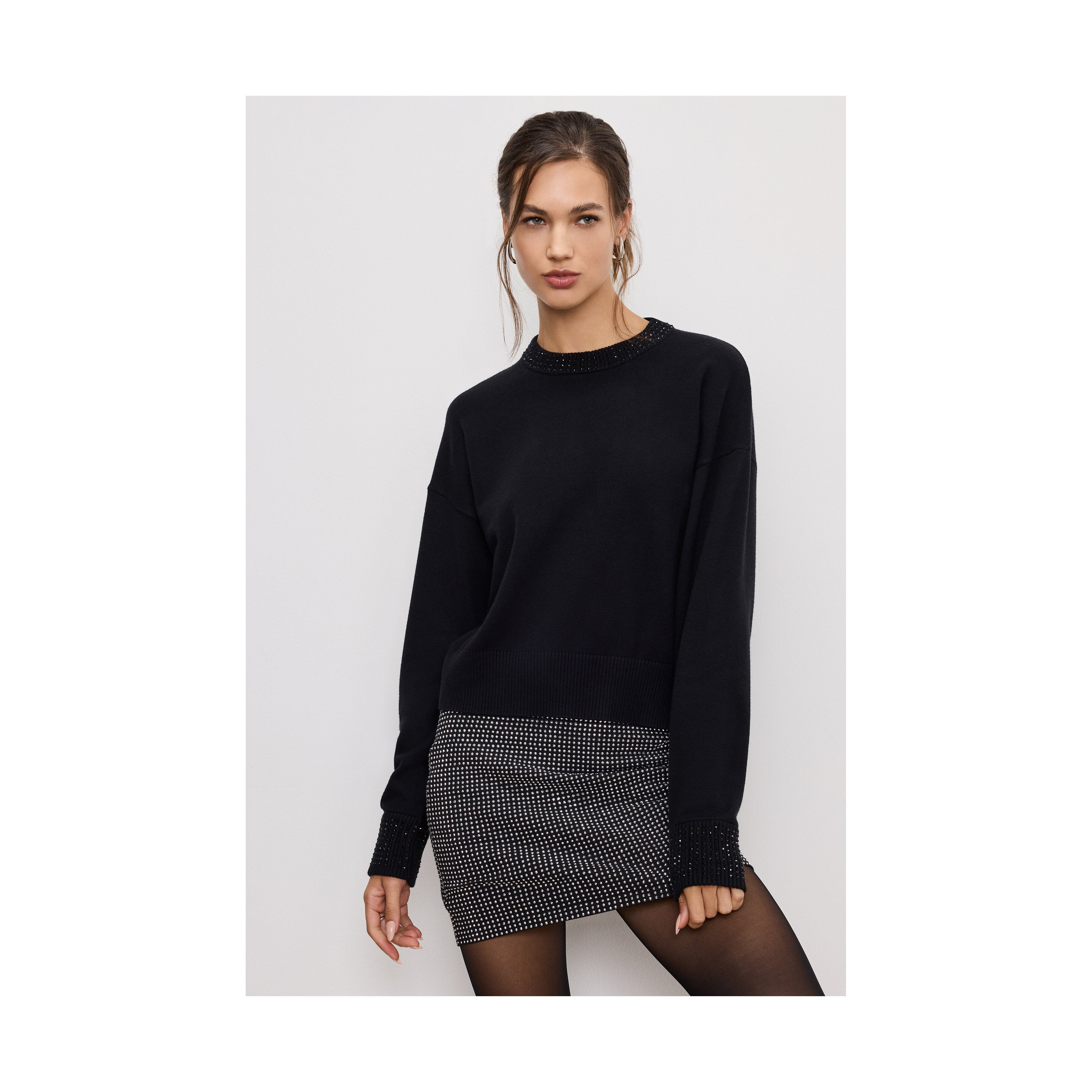 Women's Crystal Crewneck Sweater | Black, Size Medium | Good American by Khlo� Kardashian | Good American
