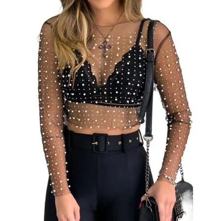 Licupiee Women Y2K Pearl Rhinestone Mesh Sheer Crop Tops Sequin Long Sleeve Fishnet T-Shirts Cover U | Walmart (US)