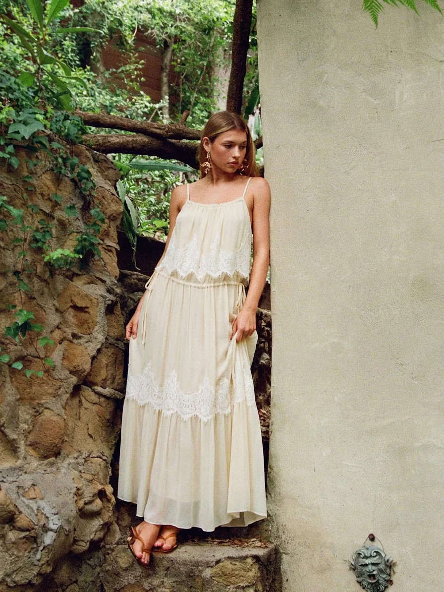 Chiffon Chiffon U-Ausschnitt \u00c4rmellose Spitze Gerades Maxikleid For L\u00e4ssige Alltagsklei... | Cider