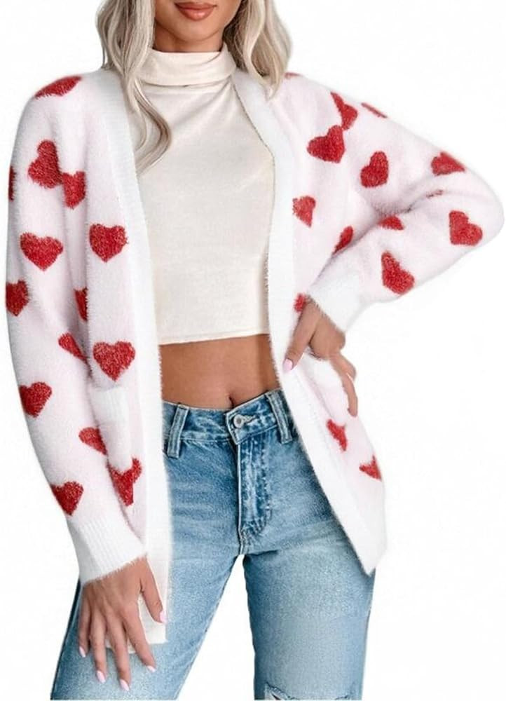 Women's Heart Knit Cardigan Valentines Long Sleeve Open Front Knitted Sweater Fall Spring Coat To... | Amazon (US)