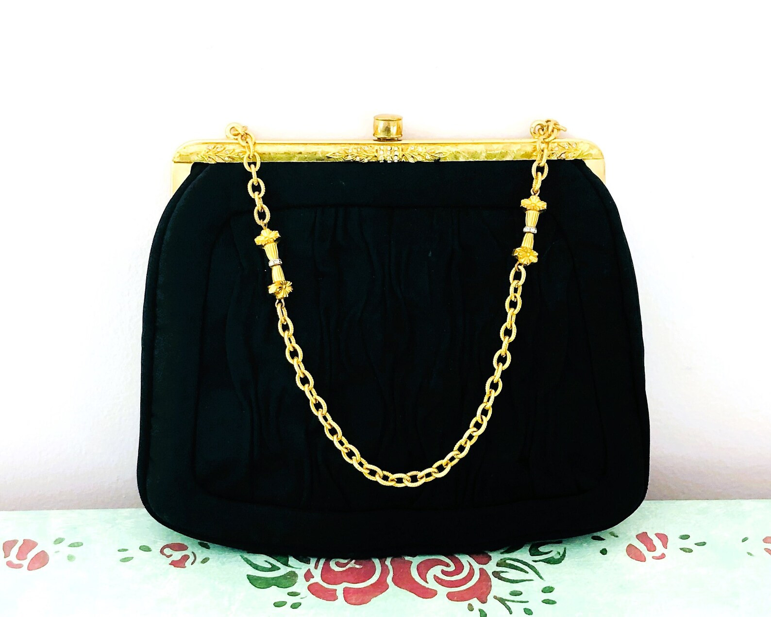 Vintage Lou Taylor Handbag: Black Shirred Clutch with Gold Chain | Etsy (US)