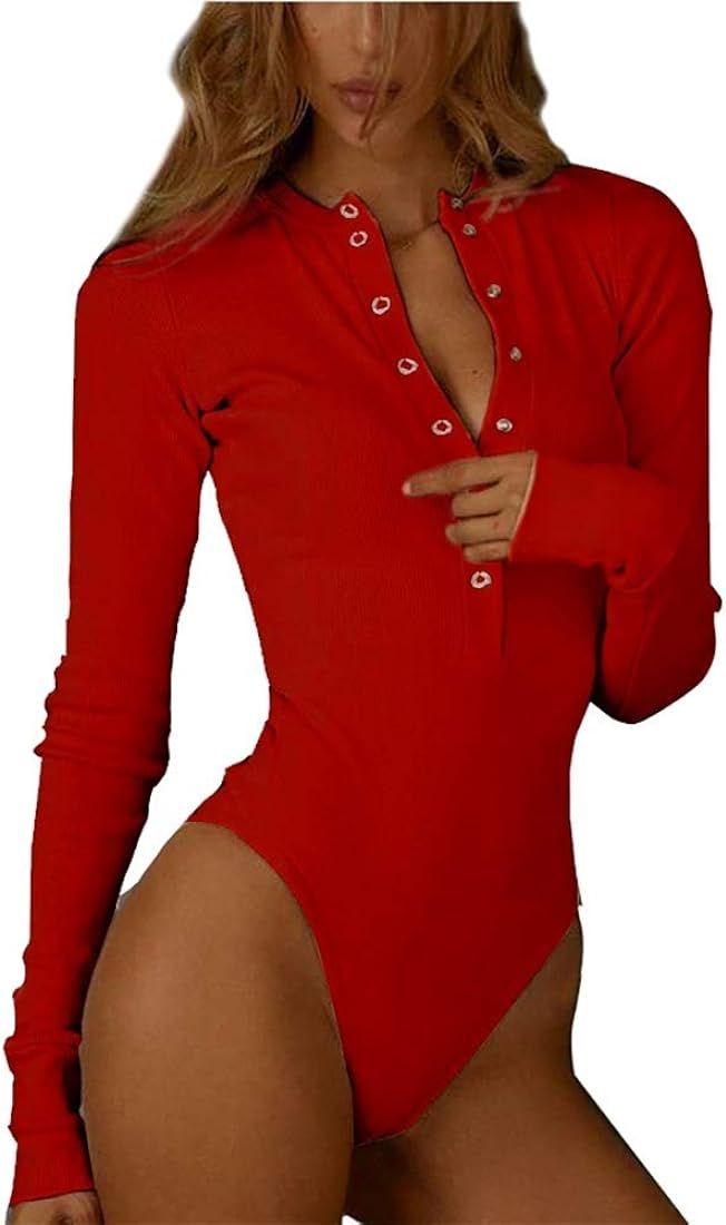 GEMBERA Women Front Zip Round Neck Long Sleeve Bodysuit Bodycon Ribbed Bodysuit Leotard Top | Amazon (US)