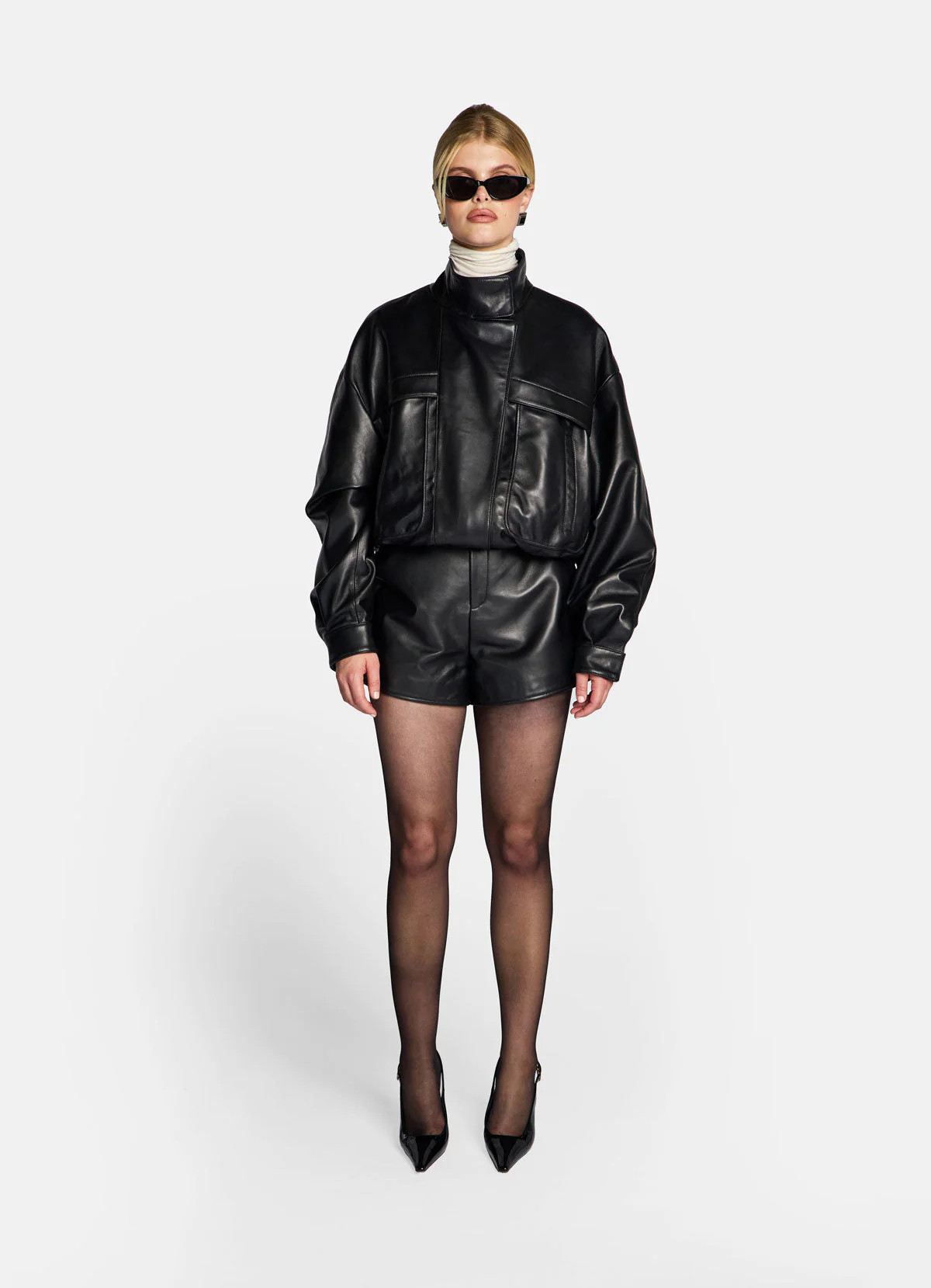 Black Cropped Leather Bomber Jacket | DE SAVARY LONDON