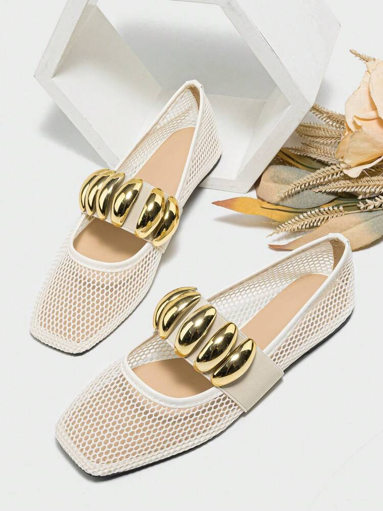Women's Summer Hollow Breathable Fishnet Shoes, Elastic Strap With Metal Decoration, Fashionable Mary Jane Flat Shoes, White | SHEIN