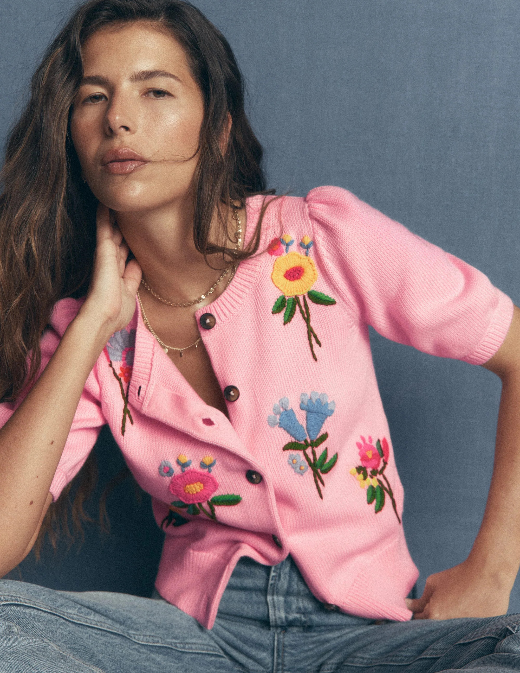 Puff Sleeve Cotton Cardigan-Blossom Pink, Embroidered | Boden (US)