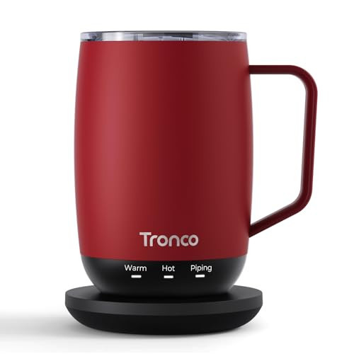 Tronco Temperature Control Heated Coffee Mug 14 oz – Rechargeable Self-Heating Smart Mug with Lid – Manual Control, 3 Modes, 130 Min Battery Life, Auto Shut-Off (Crimson) | Amazon (US)