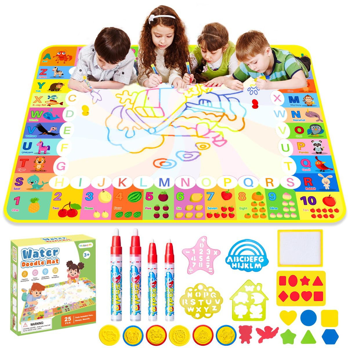 Water Doodle Mat - 120 x 90cm Large Aqua Magic Water Drawing Mat with Magic Pens, Stamps, Molds N... | Amazon (UK)