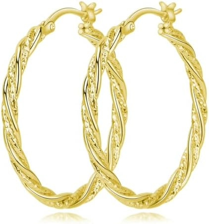 Gold Hoop Earrings for Women, 14K Gold Earrings Twisted Detailing Hypoallergenic Lightweight Earr... | Amazon (US)