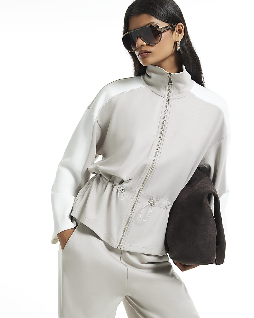 Grey Premium Colour Block Peplum Track Jacket | River Island UK & IE
