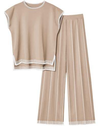 Ekouaer Womens Matching Sets Knit Sweater Sets 2 Pieces Outfits Pullover Tops Wide Legs Pants Lounge Set Cream | Amazon (US)