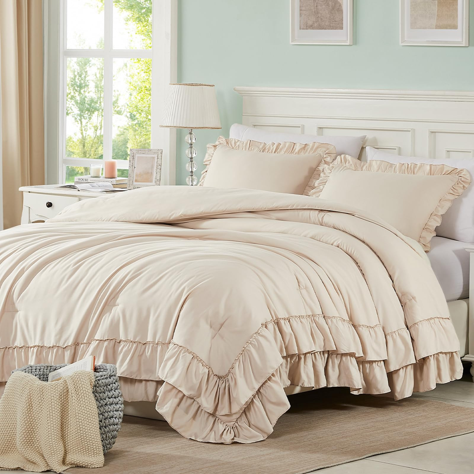 Cupocupa Beige Queen Comforter Set, 3Pcs Comforters Queen Size Ruffle Farmhouse Bedding Sets Quee... | Amazon (US)