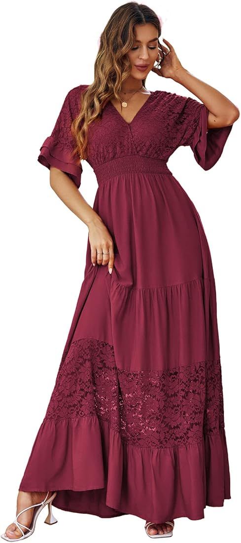 Simplee Women's Bridesmaid Wedding Guest Formal Maxi Dress Boho Floral Flowy Long Dress V Neck Lo... | Amazon (US)