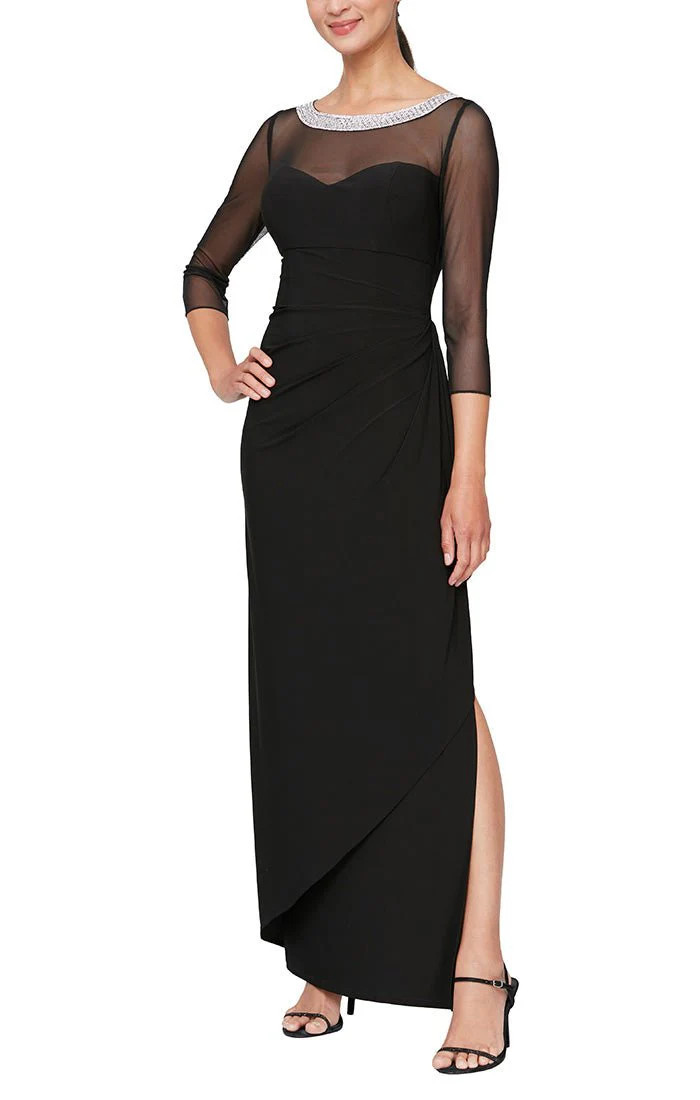 Petite Long Matte Jersey Illusion 3/4 Sleeve Side Ruched Dress with Embellished Neckline | Alex Evenings