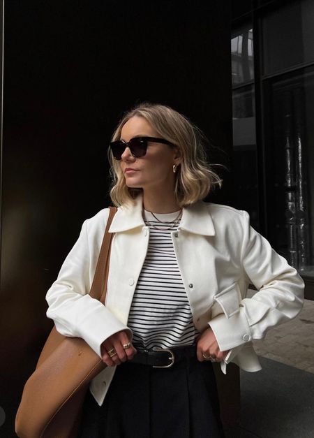 Spring style, transitional fashion, cropped cream jacket, Arket, Cos, striped t-shirt, tote bag, tailored black trousers 

#LTKSeasonal #LTKeurope #LTKstyletip