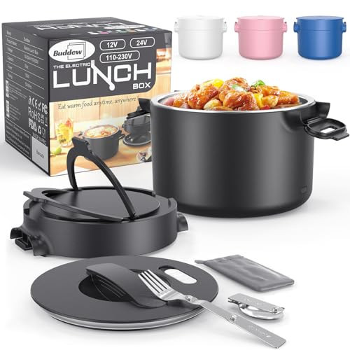 Buddew 100W Electric Lunch Box, 34-Ounce Portable Food Warmer for Work/Office/Car/Travel 12V/24V/110V, with Folding Spoon&&Fork, Built-in temperature controller, Ideal Gift for Men and Women (Black) | Amazon (US)