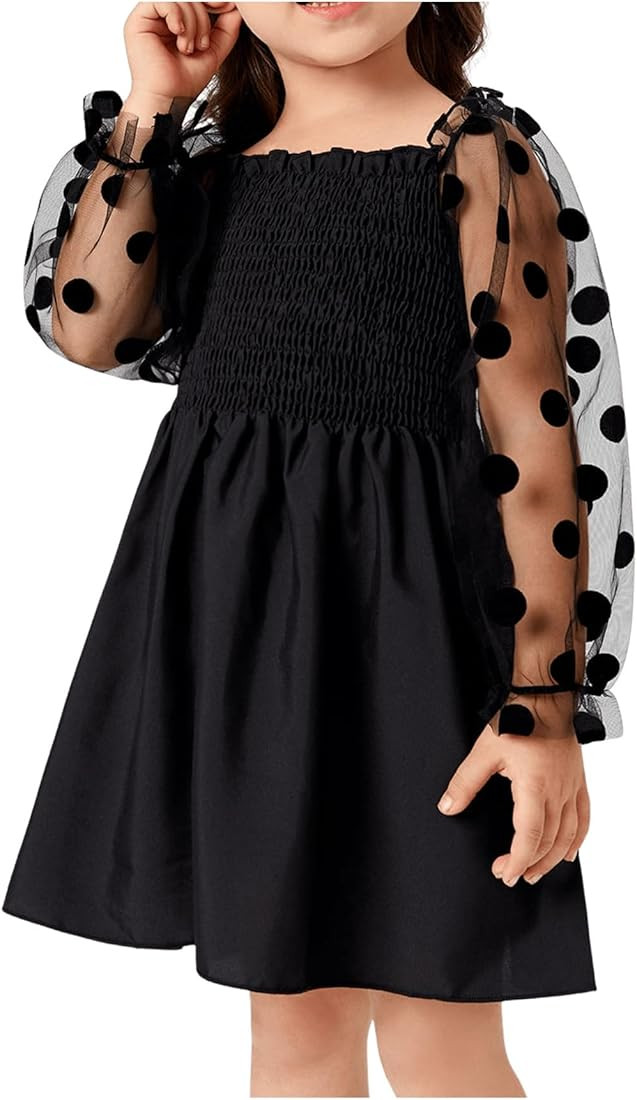 WDIRARA Toddler Girl's Polka Dots Mesh Flounce Long Sleeve Flared Shirred Dress | Amazon (US)