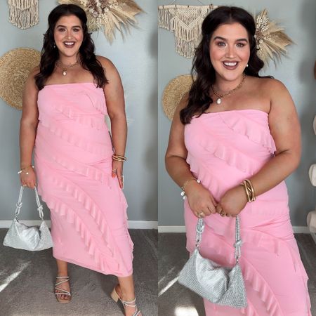 Amazon curvy approved strapless ruffle wedding guest dress in this gorgeous light pink 💖 Wearing a size XL, lots of stretch. More colors to choose from and on sale for $36! 

#LTKMidsize #LTKPlusSize #LTKSaleAlert
