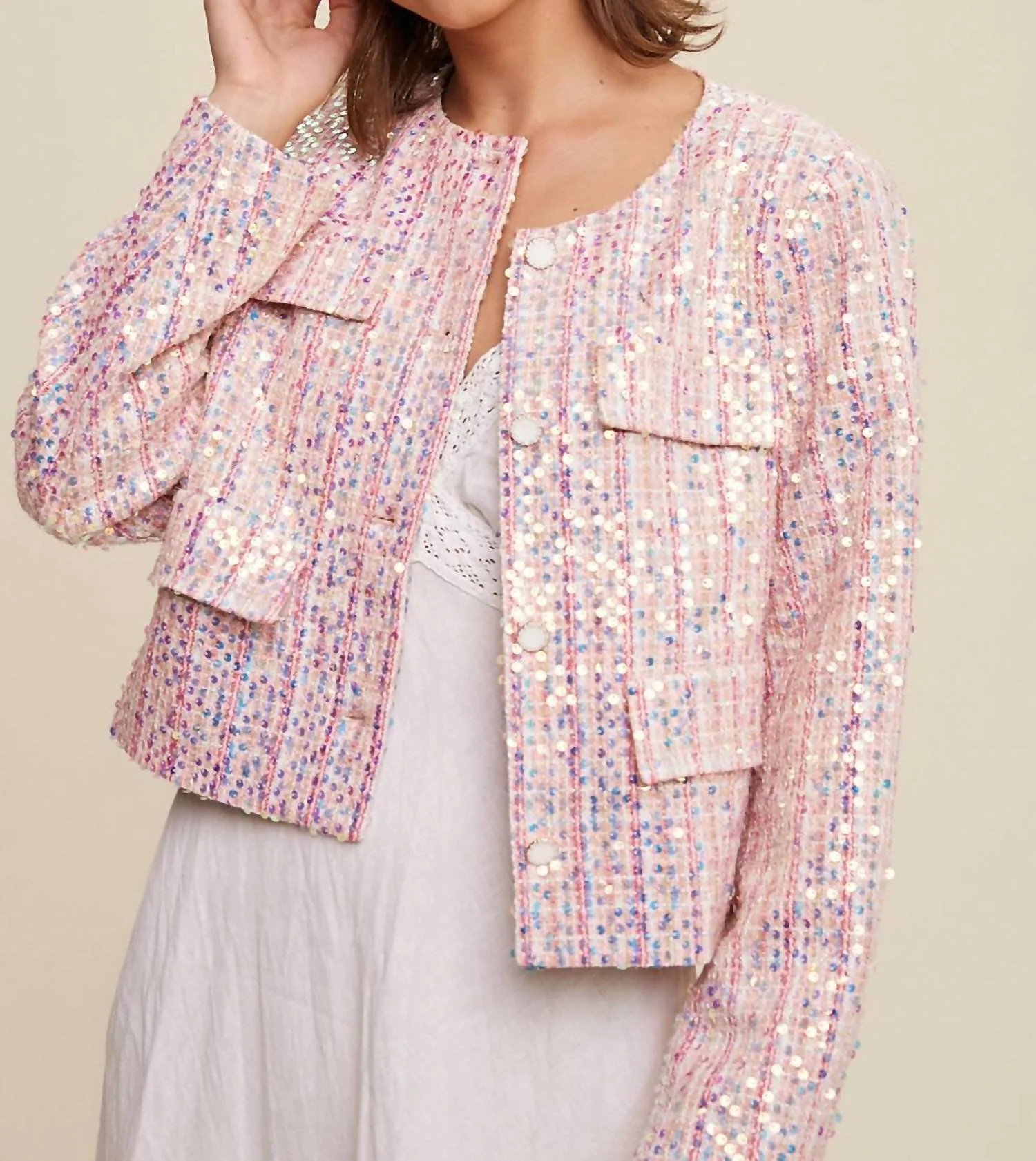 Tweed Button Down Jacket In Pink | Shop Simon