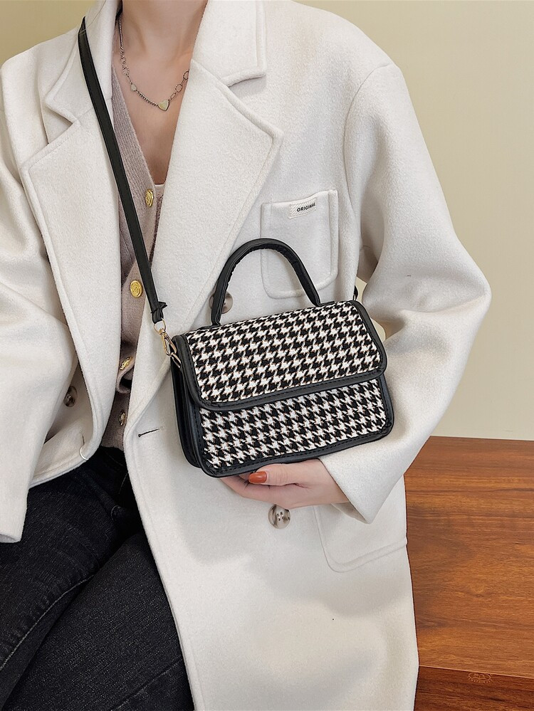 Houndstooth Pattern Flap Square Bag | SHEIN