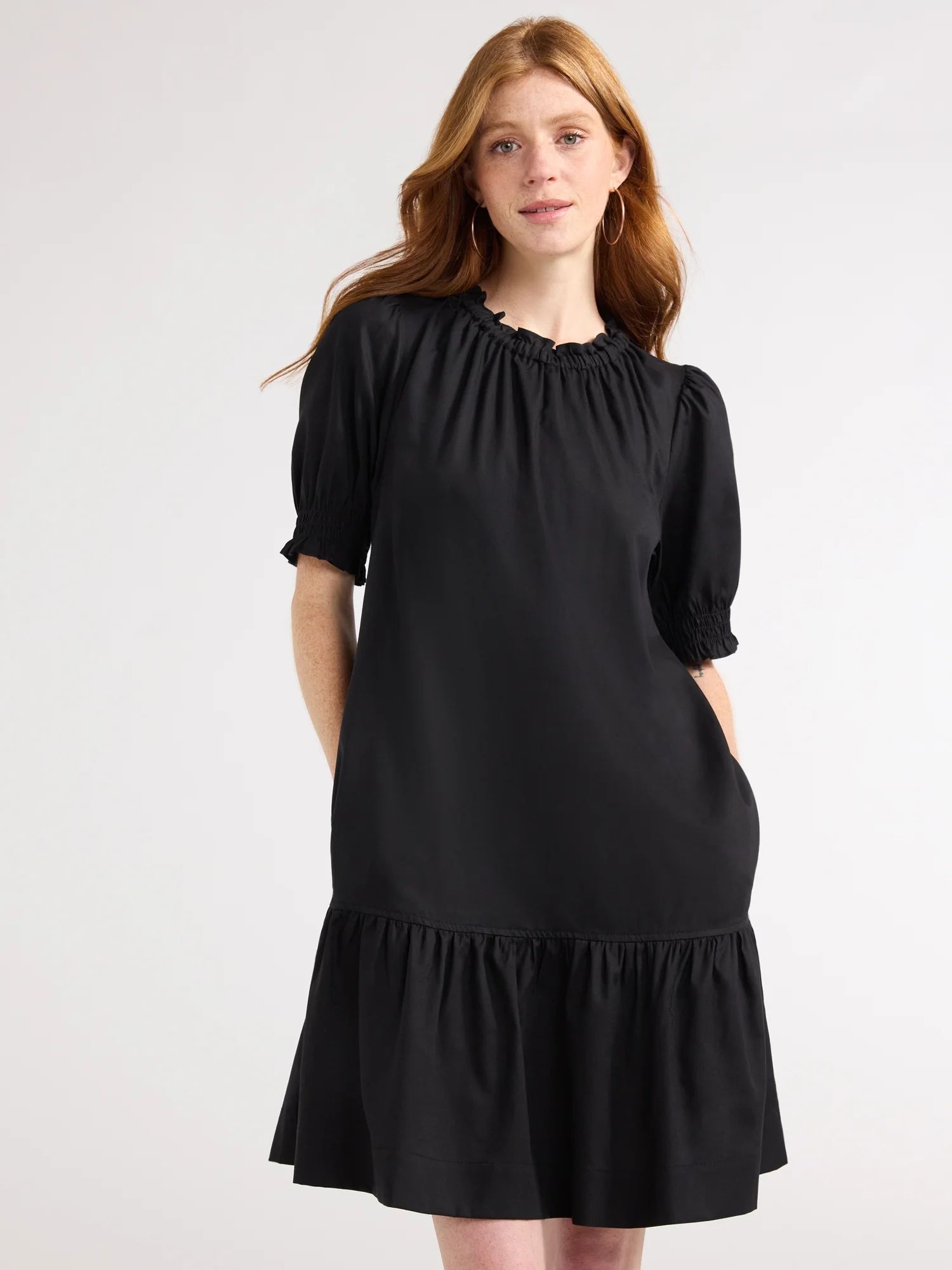 Free Assembly Women’s Ruffle Mini Dress with Puff Sleeves, Black, Sizes XS-XXL | Walmart (US)