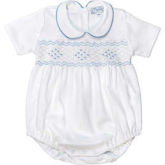 Nella Short Sleeve Smocked Bubble, White & Blue | Maisonette