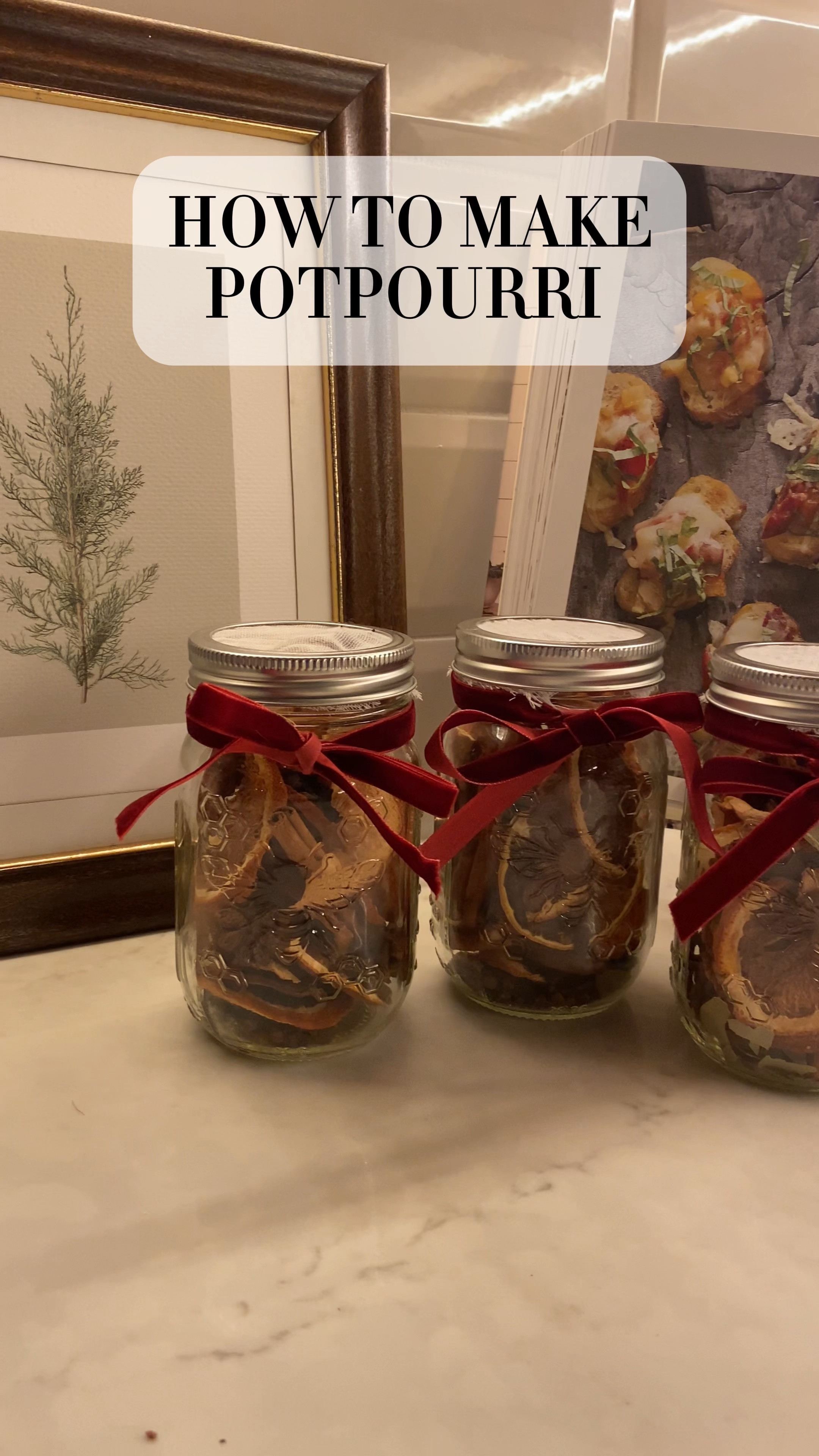 1. Cut oranges and apples into thin slices
2. Pat with paper towel to soak up some of the juice
3. Line baking sheet with parchment paper and lay fruit out without overlapping 
4. Set oven to 200 degrees and flip the fruit over every 30 minutes. Cook for 3 hours 
5. Put all ingredients in ziploc bag and add 20 drops of essential oils
6. Transfer to mason jar, replace lid with cheese cloth or thin fabric, wrap with ribbon
#homemadeproducts #potpourri #diy 

#LTKhome