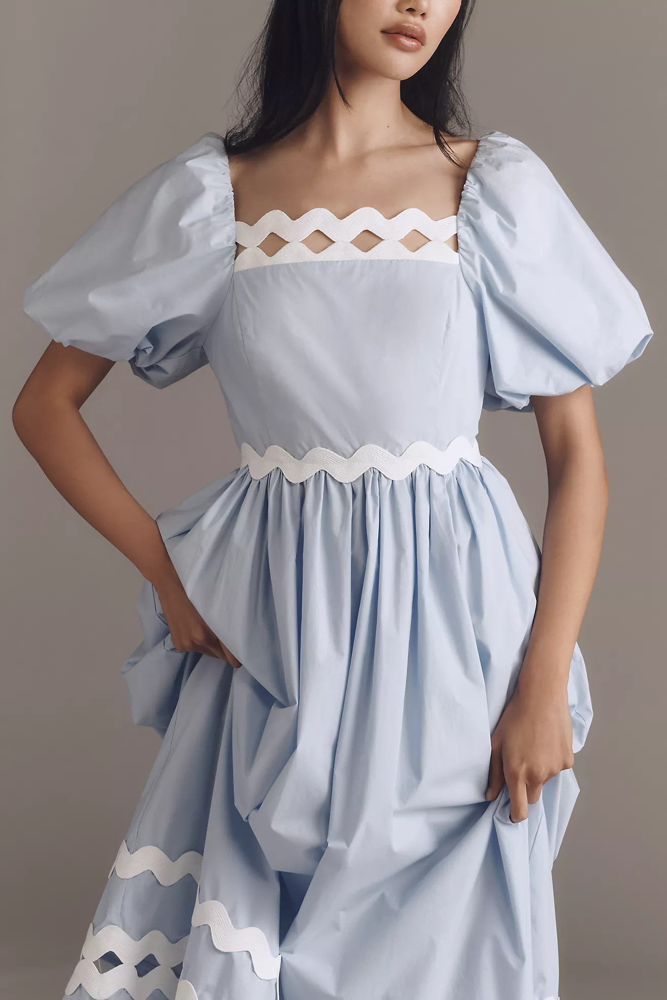 English Factory Ric Rac Puff-Sleeve Midi Dress | Anthropologie (US)