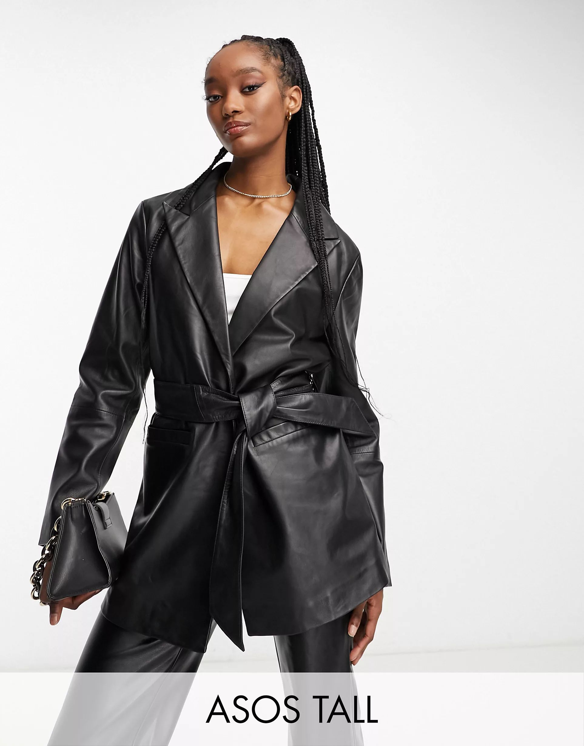 ASOS DESIGN Tall premium real leather belted mum jacket in black | ASOS (Global)