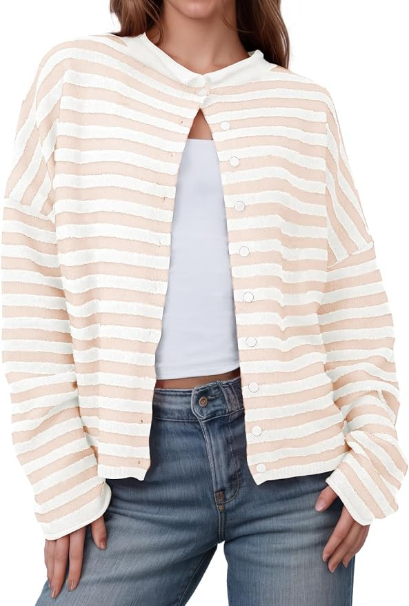 Saodimallsu Womens Striped Cardigan Casual Long Sleeve Open Front Button Down Loose Knit Lightwei... | Amazon (US)