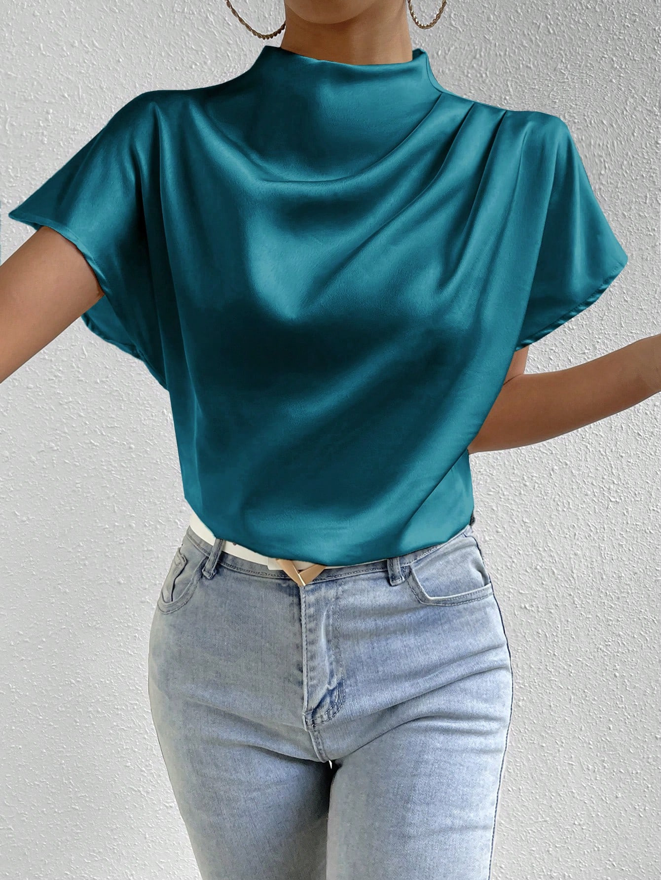 SHEIN Frenchy Solid Color Round Neck Batwing Sleeve Casual Shirt | SHEIN USA | SHEIN