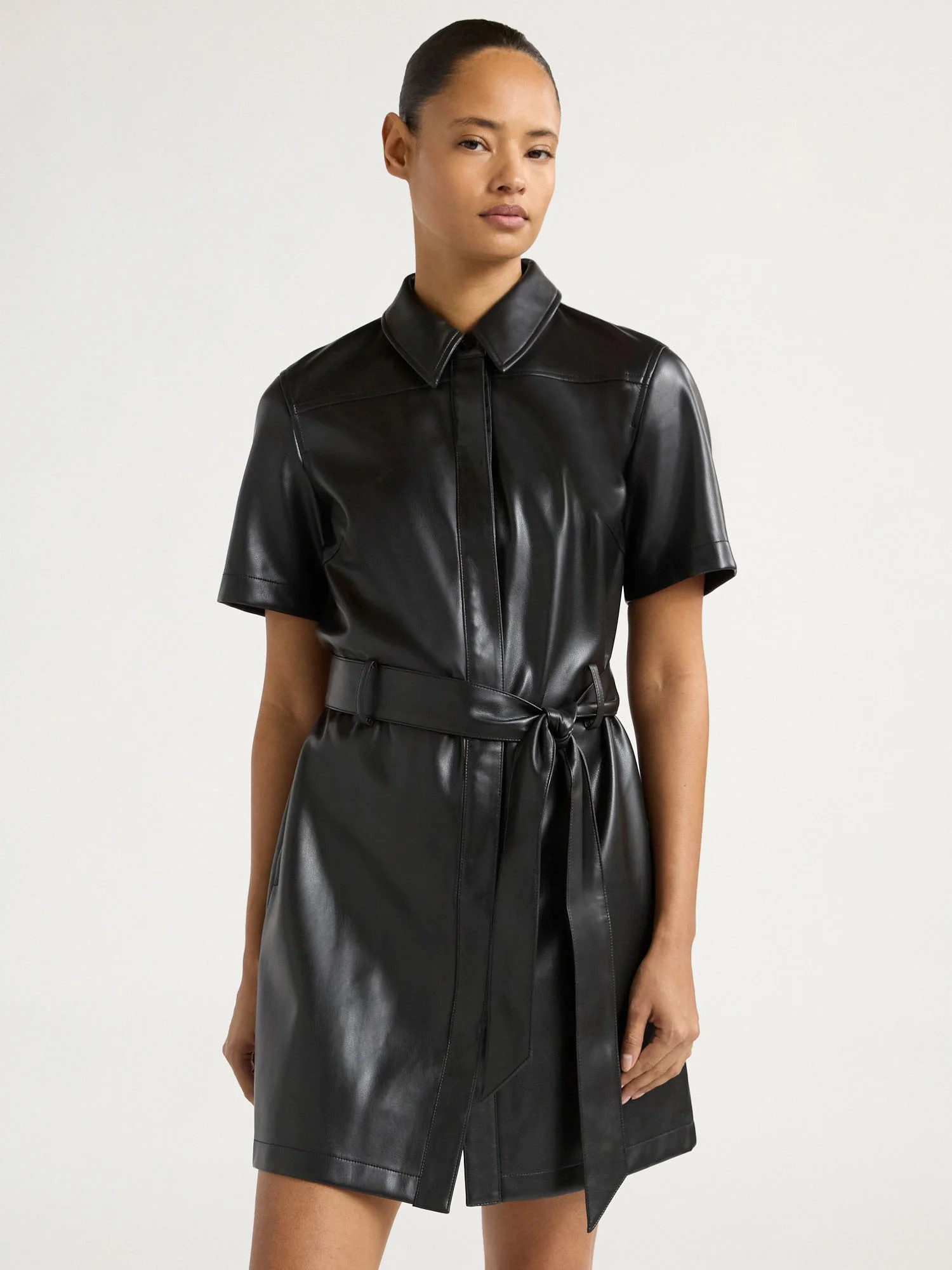 Scoop Women's and Women's Plus Faux Leather Collared Mini Shirt Dress with Short Sleeves, Sizes X... | Walmart (US)