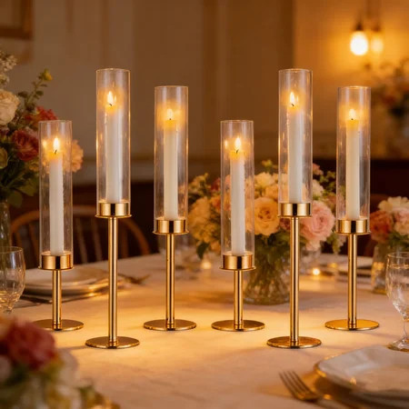 Nuptio Glass Candle Holders Set of 6 Glass Hurricane Candle Holder Gold Candlestick Holders Centerpiece for Table Mantel Fireplace | Walmart (US)