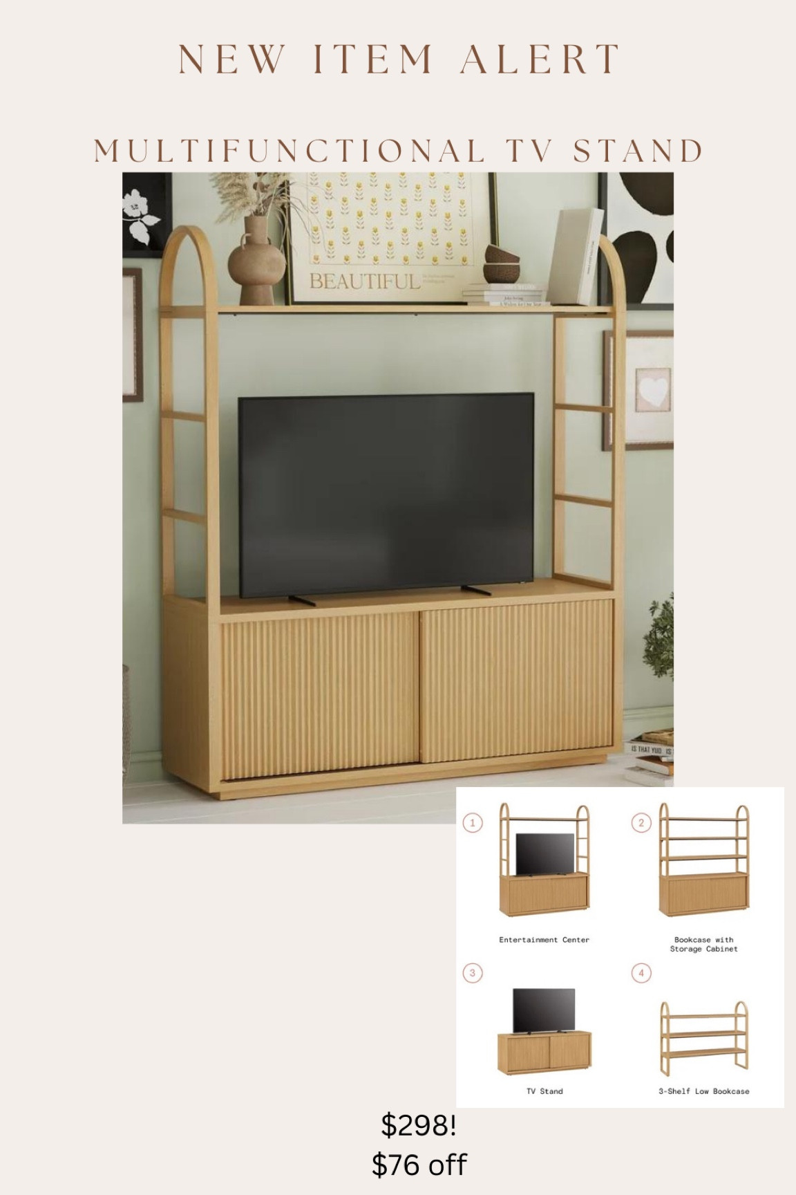 Brand new item! Viral fluted sideboard now comes in a multifunctional design! Can be used as tv stand, or add the shelves back and make it a bookcase with storage, or take apart and have a tv stand and separate bookshelf! 

#LTKhome #LTKsalealert