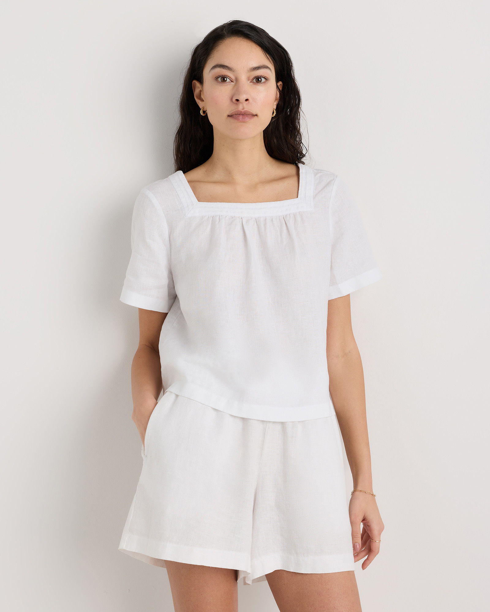 Quince | Women's 100% European Linen Square Neck Swing Top in White, Size Medium | Quince