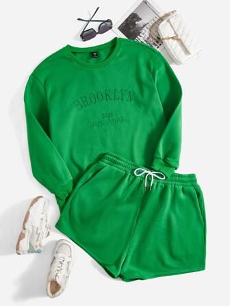 SHEIN EZwear Plus Letter Embroidery Sweatshirt With Drawstring Waist Track Shorts | SHEIN