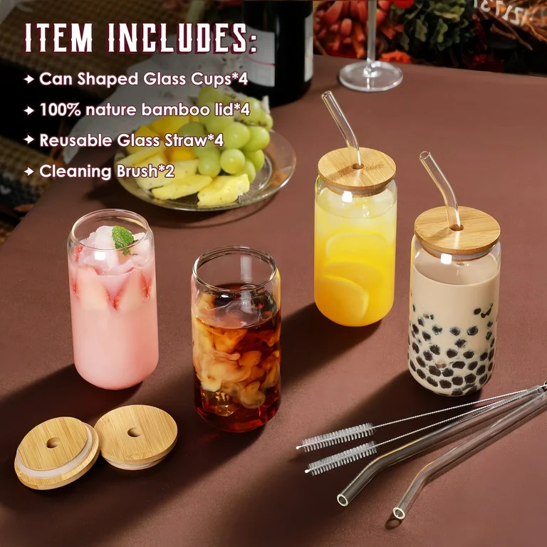 Drinking Glasses with Bamboo Lids and Glass Straw 4pcs Set - 16oz Can Shaped Cups, Beer Glasses, ... | Walmart (US)