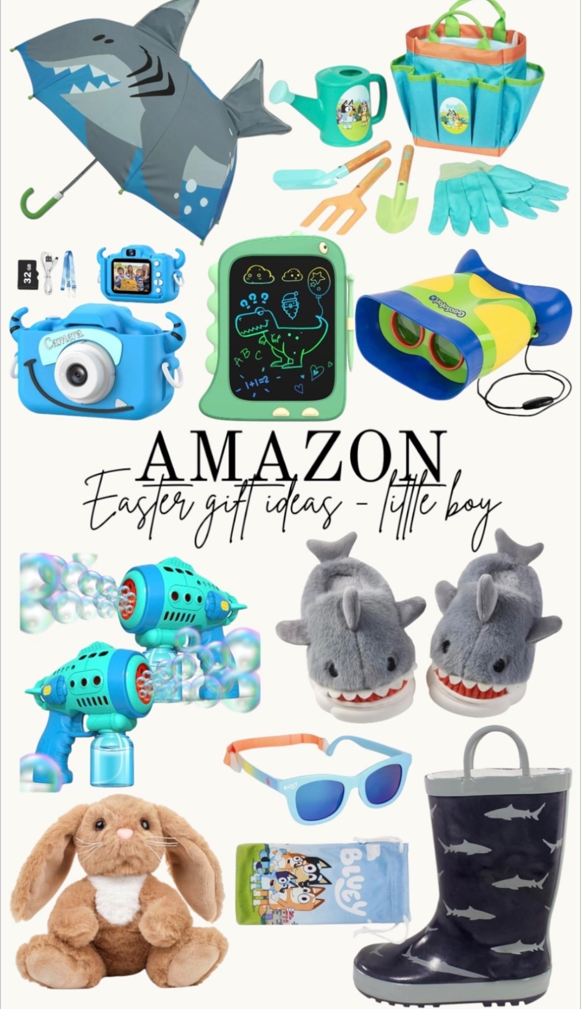 Easter basket stuffers, or gifts for little boy🐰

Shark slippers, shark umbrella, rain boots, bubble gun, Bluey sunglasses, Bluey yard kit, kid play camera, gift guide

#LTKKids #LTKFindsUnder100 #LTKSeasonal