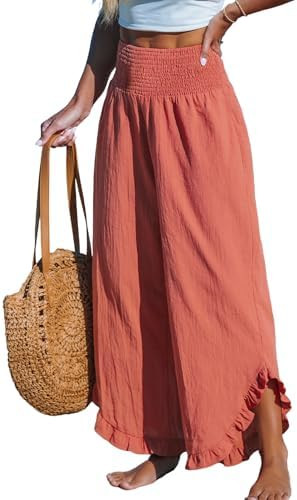 CUPSHE Women Smocked Waist Pants - Straight Leg Loose Fit with Ruffle Cuffs Casual Beach Trousers | Amazon (US)