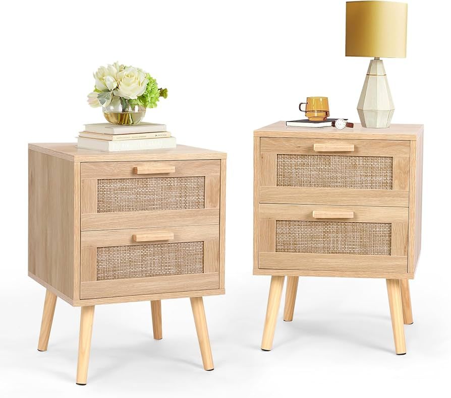 TUSY 2PCS Rattan Nightstand, End Table with 2 Drawers and Solid Wood Legs, Side Table with Storag... | Amazon (US)
