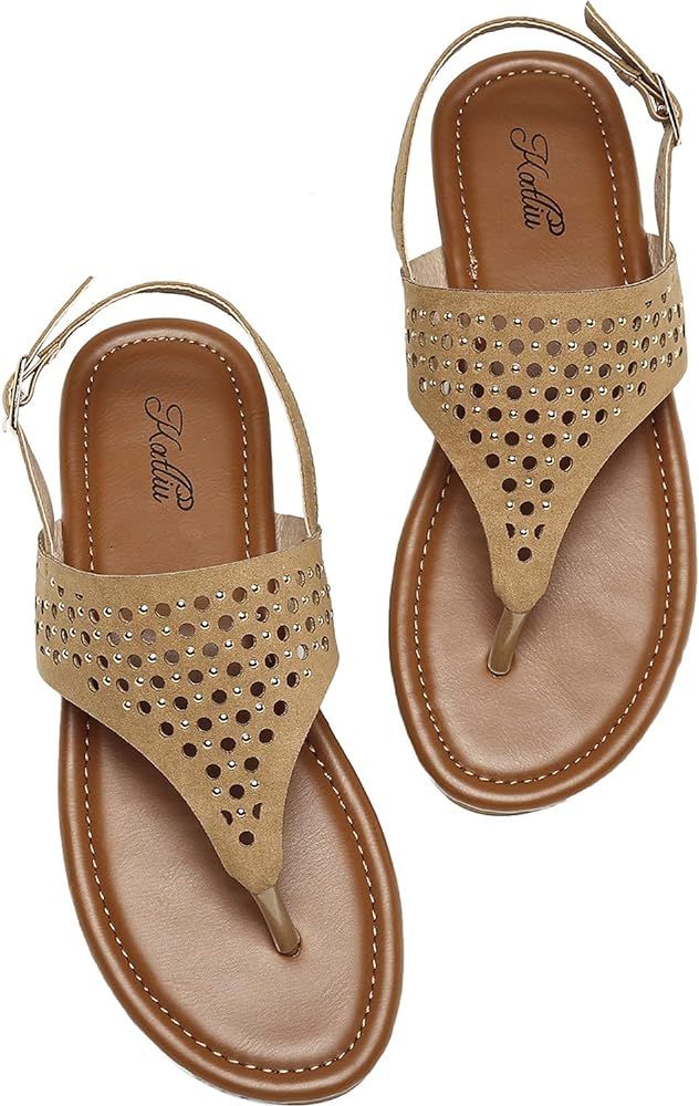 Katliu Women's Flat Sandals Studed Thong Sandals for Summer | Amazon (US)