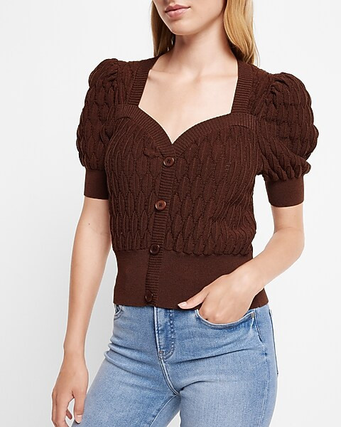 Short Puff Sleeve Button Front Cardigan | Express