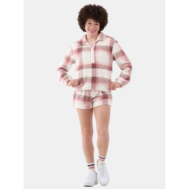 No Boundaries Half Zip Pullover and Shorts Plush Set, 2-Piece, Women's | Walmart (US)