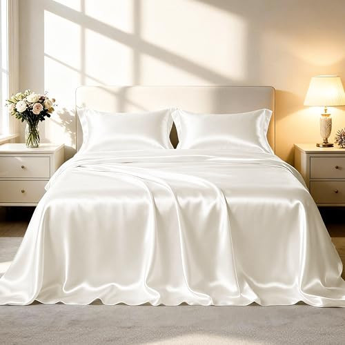 Love's cabin Satin Queen Sheets Set - 4 Piece Ivory Silky Bed Sheets with Deep Pocket, Luxury Silk Feel Satin Queen Size Sheet Set (1 Flat Sheet,1 Fitted Sheet,2 Pillow Cases) | Amazon (US)
