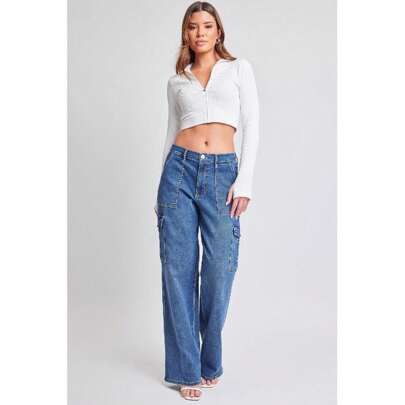 WomenÂ´S Elastic Waist Straight Leg Cargo Jean | SHEIN