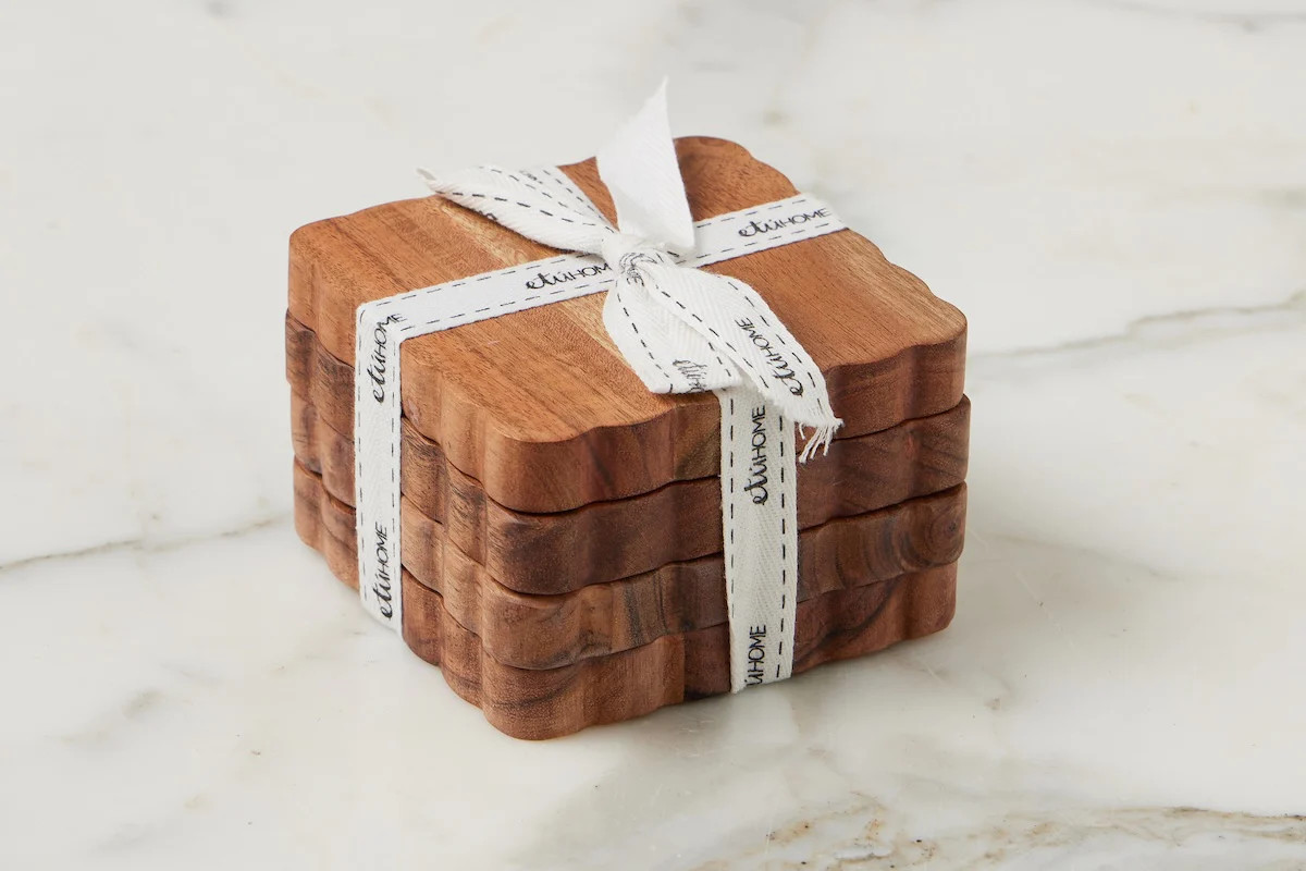 Scalloped Wood Coasters, Square, Natural, Set of 4 | etúHOME