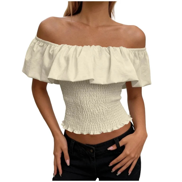 Women\u2019s and Women\u2019s Plus Off-the-Shoulder Smocked Ruffle Cotton Top | Walmart (US)