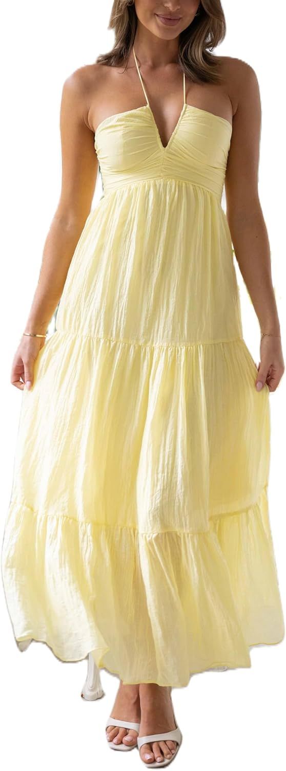 ROAONOCOMO Women Y2k Pleated Spaghetti Strap Maxi Dress Backless Cutout Long Cami Dress Tie Back ... | Amazon (US)