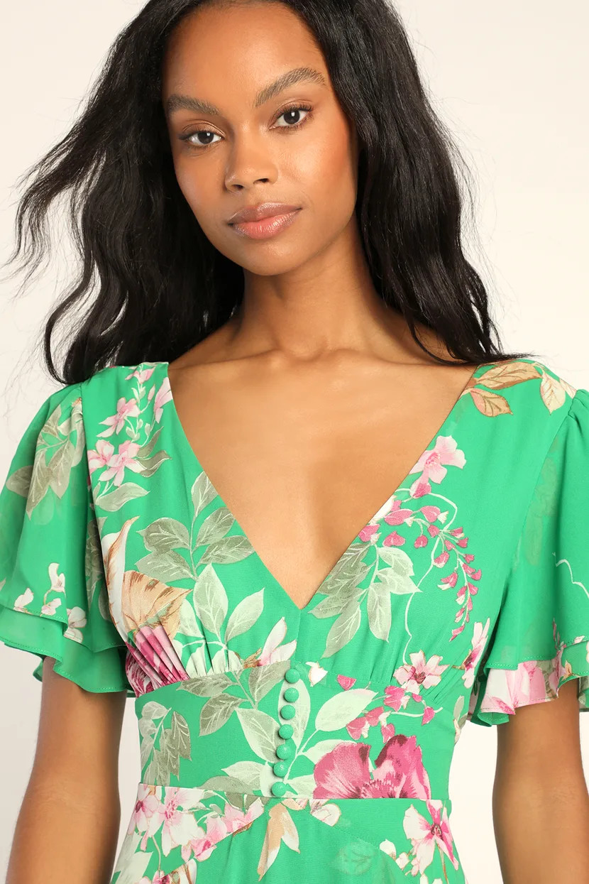 Midnight Mood Green Floral Print Tiered Maxi Dress | Lulus (US)