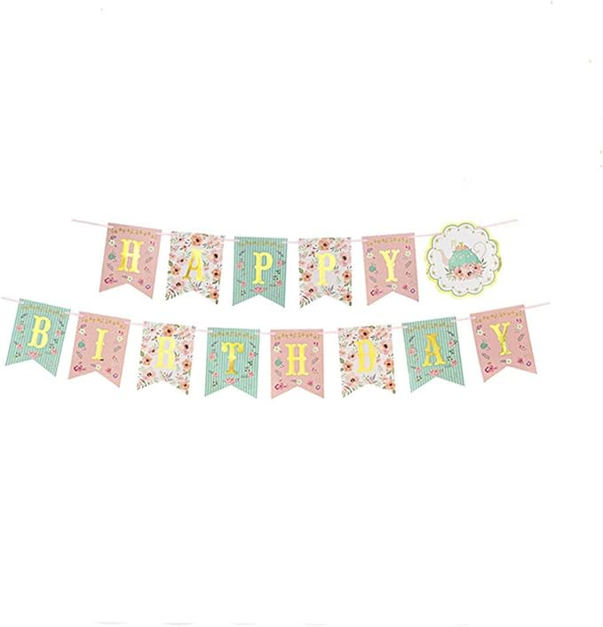 SUNBEAUTY Tea Happy Birthday Banner Floral Garland Birthday Banner for Alice in Wonderland Tea Pa... | Amazon (US)
